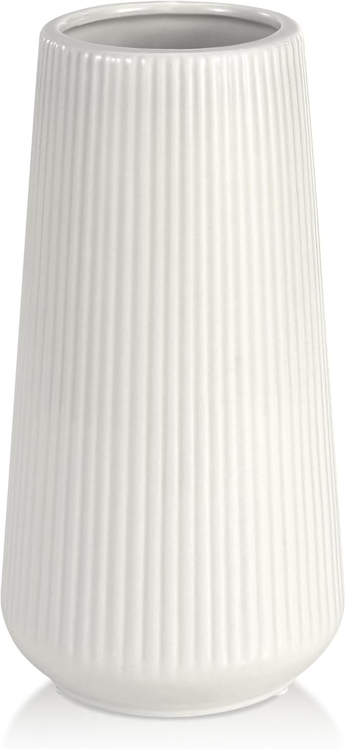 White Ceramic Tall Ribbed Vase for Home Decor