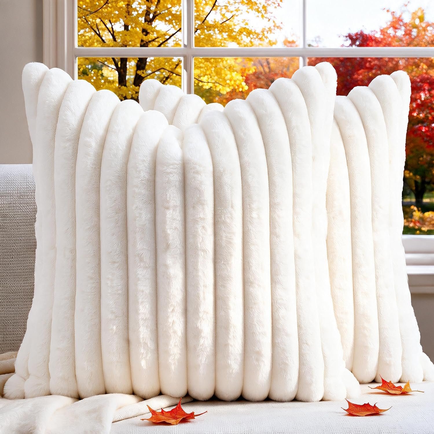 Cream White Faux Fur Pillow Covers Set of Two